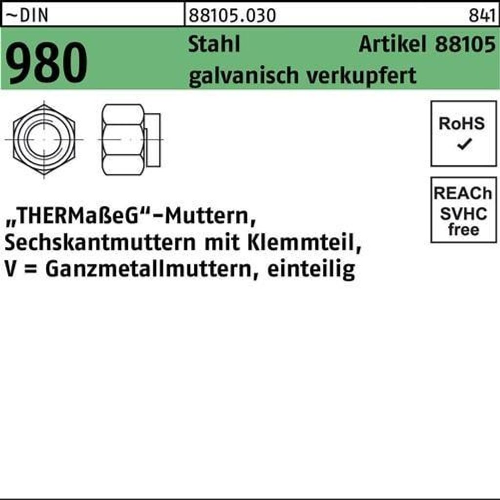 Sechskantmutter R 88105 Klemmteil M12 SW 19 Stahl galv. verkupfert 100St.