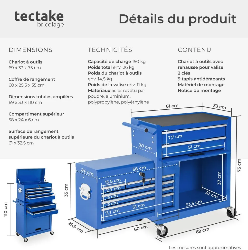 Chariot de rangement outils 10 tiroirs bleu - Mobilier atelier robuste