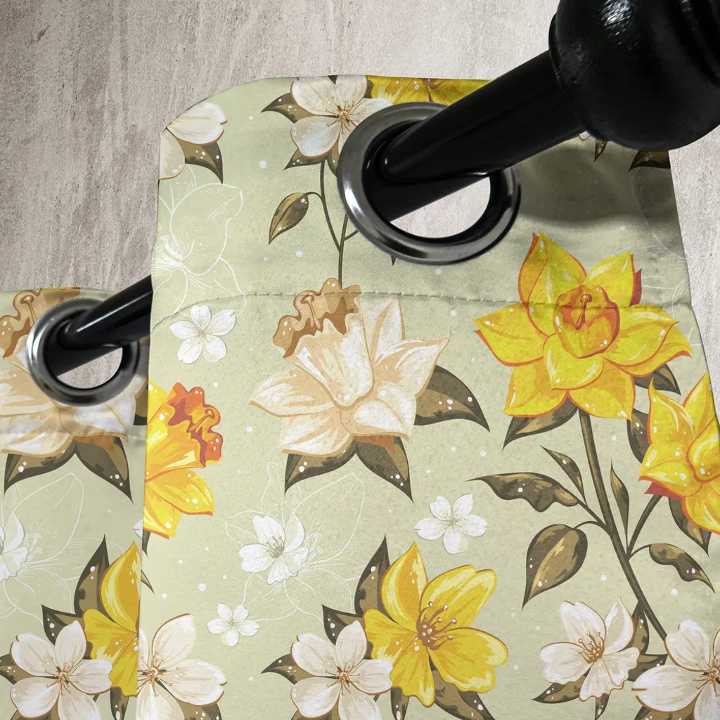 Rideau fleuri jonquilles jaune et crème avec œillets métalliques - 2