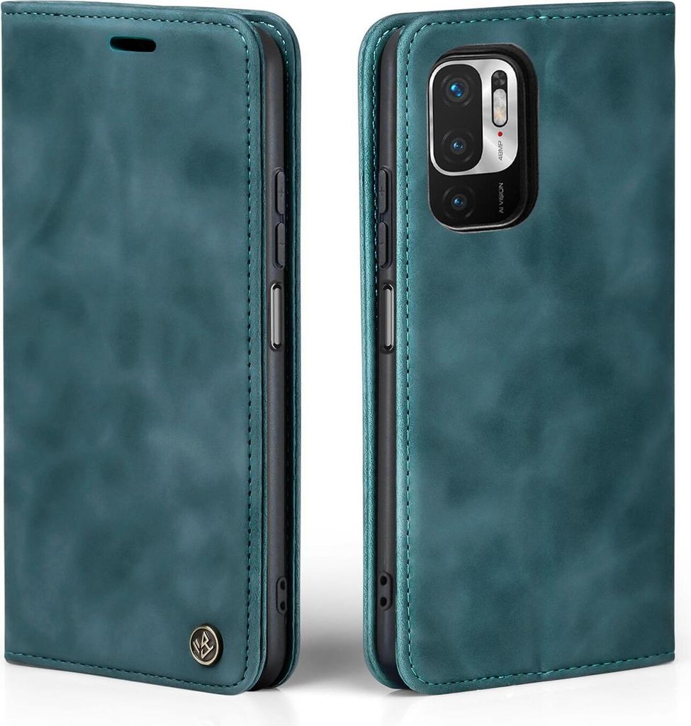 A teal flip case for a smartphone is shown from two angles, open and closed.