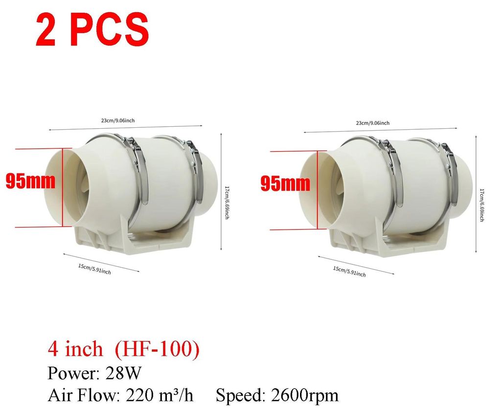 Inline Rohrventilator 2er Set - 100 mm Lüfter (10 cm) - 220 V Kupfermotor - 28 W, 220 m³/h - Leiser Bad- und Growbox-Abluftventilator - Weiß - E...