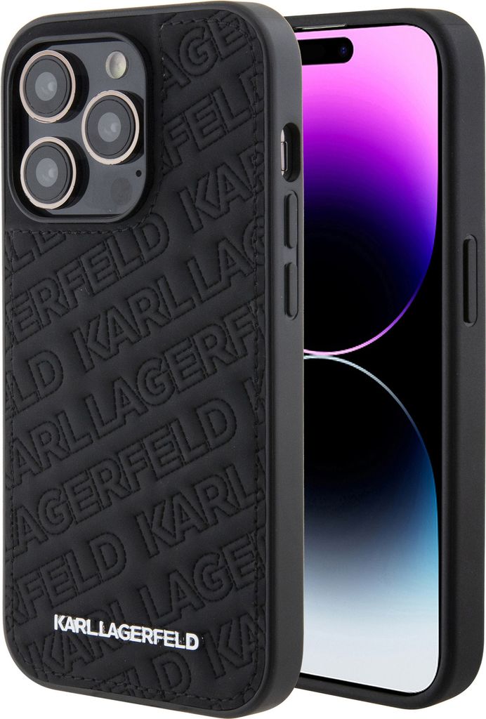 A black Karl Lagerfeld phone case with embossed branding is shown on a white background, partially covering a smartphone.
