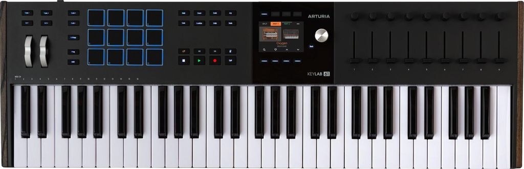 A top-down view of a black Arturia KeyLab 61 mk3 MIDI keyboard with white keys, set against a white background.