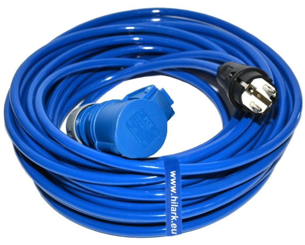 CEE Camping-Adapter PUR H07BQ-F 3x2,5 – Campingstecker auf CEE-Steckdose blau – 30m – für Wohnmobil, Wohnwagen, Boot