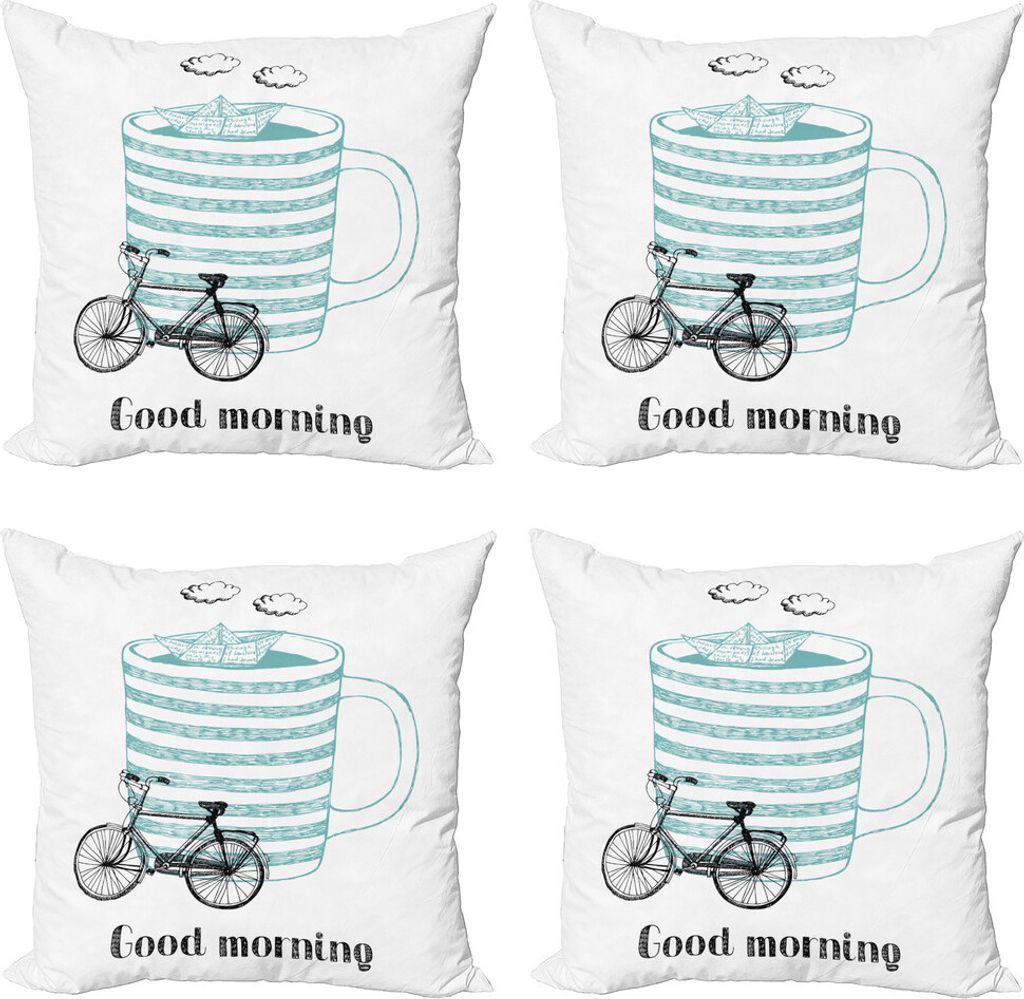 ABAKUHAUS Sprichwort Kissenbezug Set (4 Stück), Morgen Cup, Moderner Doppelseitiger Digitaldruck, 45 cm x 45 cm, Seafoam und Schwarz