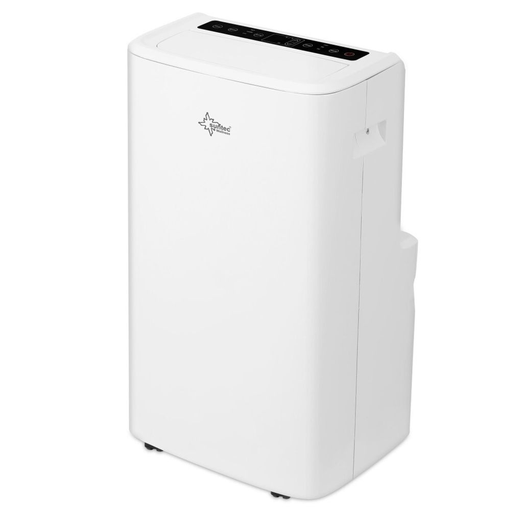 A white portable air conditioner is shown from a slight angle against a white background.