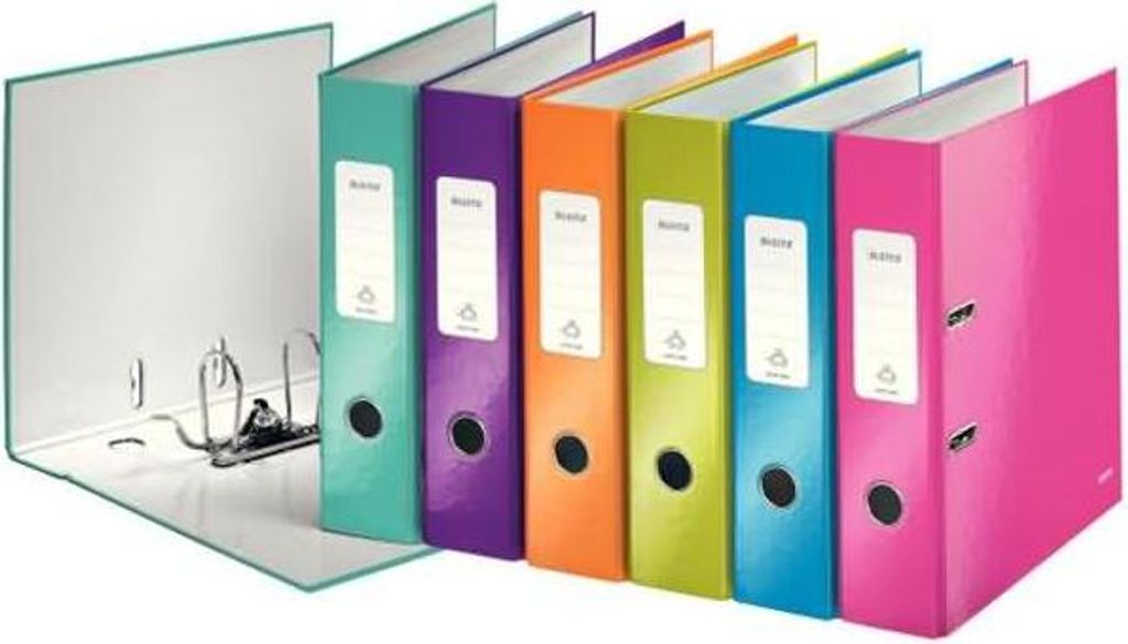 LEITZ Ordner WOW, 180 Grad, DIN A4, 80 mm, farbig sortiert Einband aus Graupappe, innen und außen mit laminiertem - 10