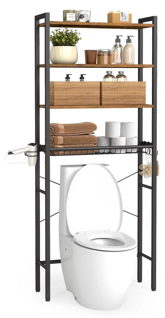 Badregal - Über-Toilettenregal - Verstellbare Ablagen - Gitterkorb - Föhnhalter - 3 Haken - Metallrahmen & Holz - Braun