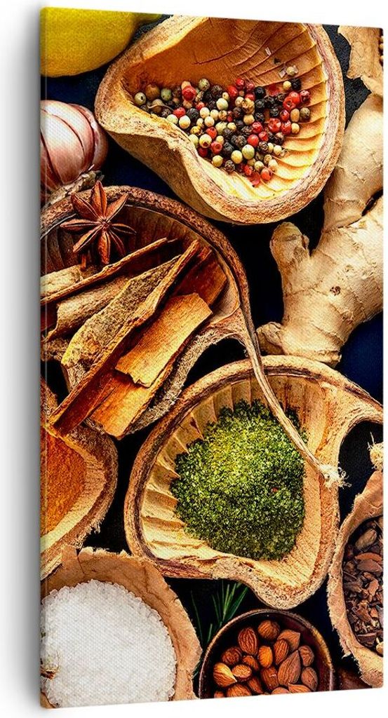 Bild auf Leinwand - Leinwandbild - Küche Essen Kräuter Gewürze - 55x100cm - Wand Bild - Wanddeko - Leinwanddruck - Bilder - Kunstdruck - Wanddek...