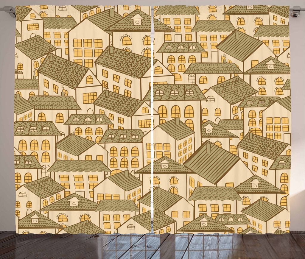ABAKUHAUS Retro Rustikaler Vorhang, Dorf Stadthäuser Dächer, Wohnzimmer Universalband Gardinen mit Schlaufen und Haken, 280 x 245 cm, Reseda Gree...