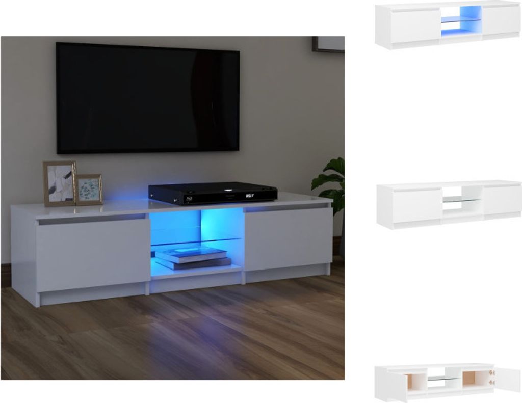 A white TV stand with LED lighting is shown in a room with a TV mounted on the wall.