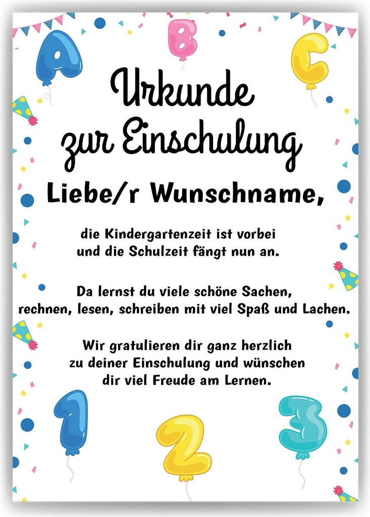 Urkunde Einschulung Personalisierte Geschenkidee Schulkind Schulanfang – DIN A4 (21x29.7cm)