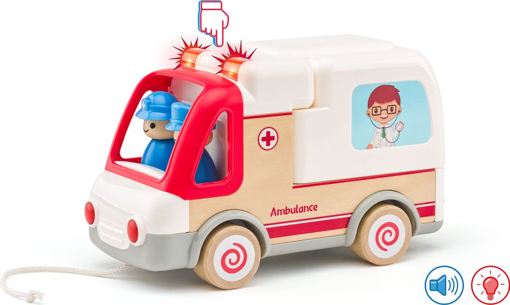 Woodyland Lernspielzeug 92053 Krankenwagen mit Licht und Sound - aufklappbar und mit Zubehör