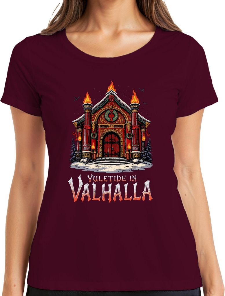 Yuletide in Valhalla Wikinger Nordisch Weihnachten Raben Vintage Damen T-Shirt, Burgundy, S