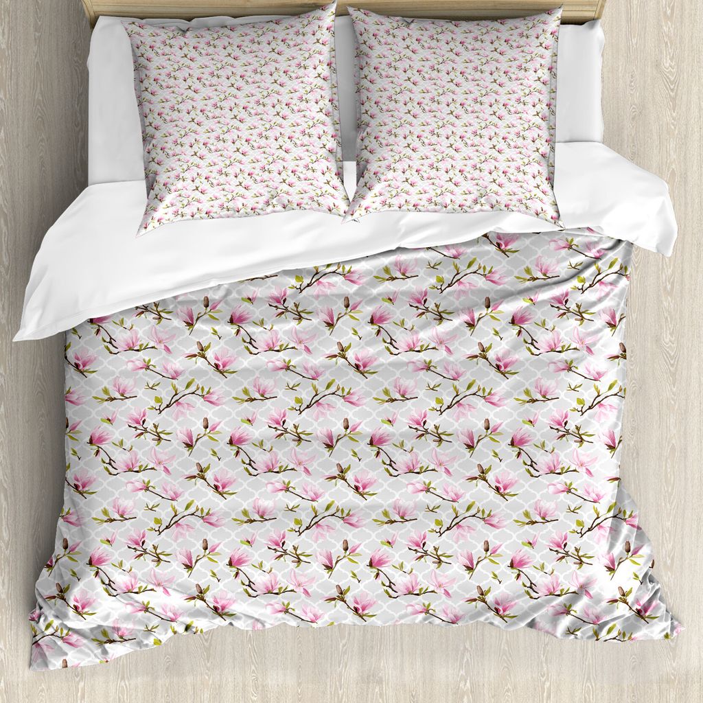 ABAKUHAUS Jahrgang Bettbezugs Set Für Doppelbetten, Magnolien-Blumen-Muster, Milbensicher Allergiker geeignet mit Kissenbezügen, Hellgrau Grün
