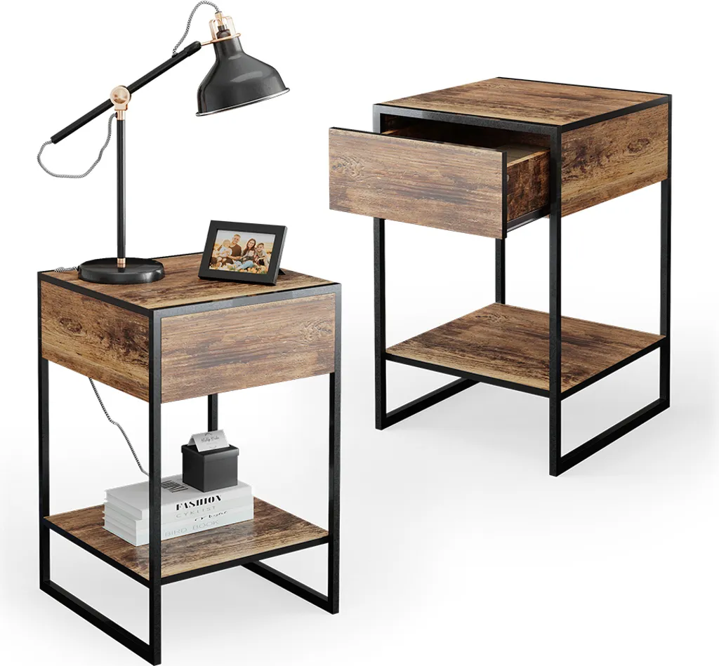 Table de chevet Vicco Fyrk Bois Antique Set de 2, Modèle 34133 Robuste