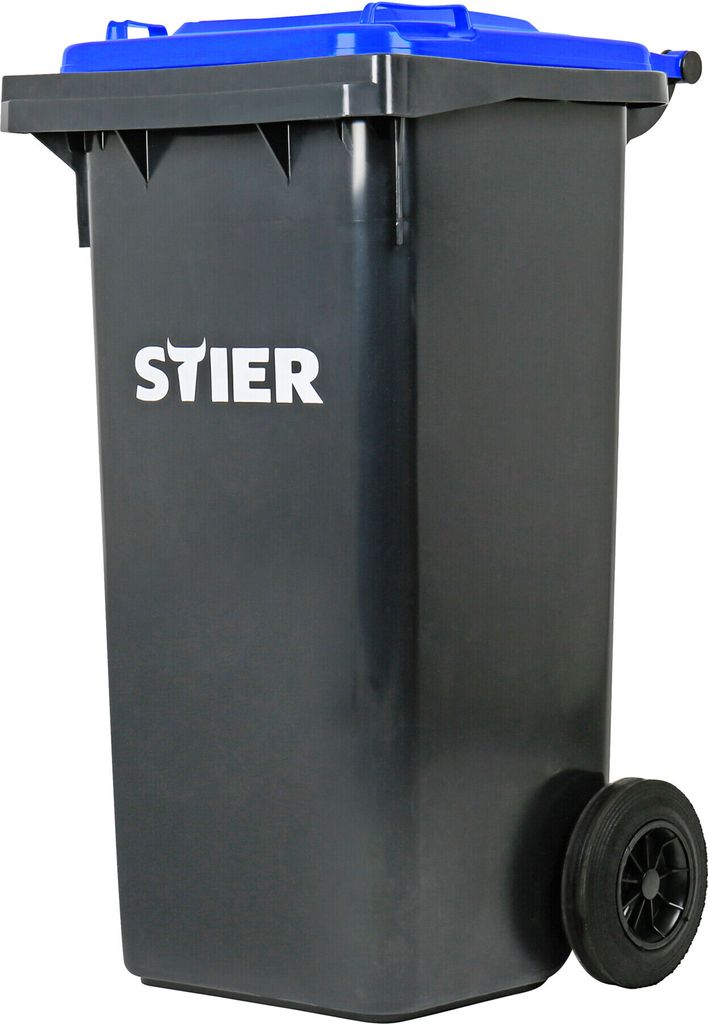 STIER 2-Rad-Müllgroßbehälter, Mülltonne, Volumen 120 Liter, Mülleimer, Tonne Grau, Deckel Blau, Größe: 475 x 550 x 930 mm, Restmülltonne mi...
