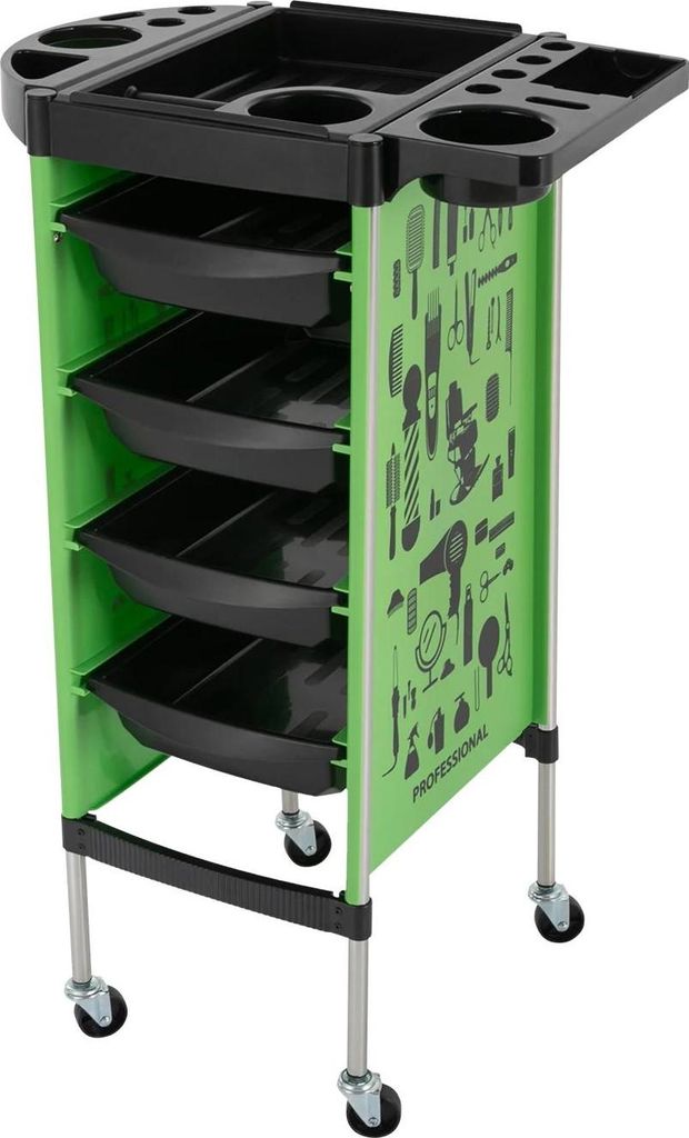 Salonwagen - Friseurbedarf Rollwagen - 5 Ebenen - 4 Ausziehschubladen - 4 Lenkrollen - Rahmen aus Edelstahl - 15 kg je Ebene - 38×88 cm - Grün