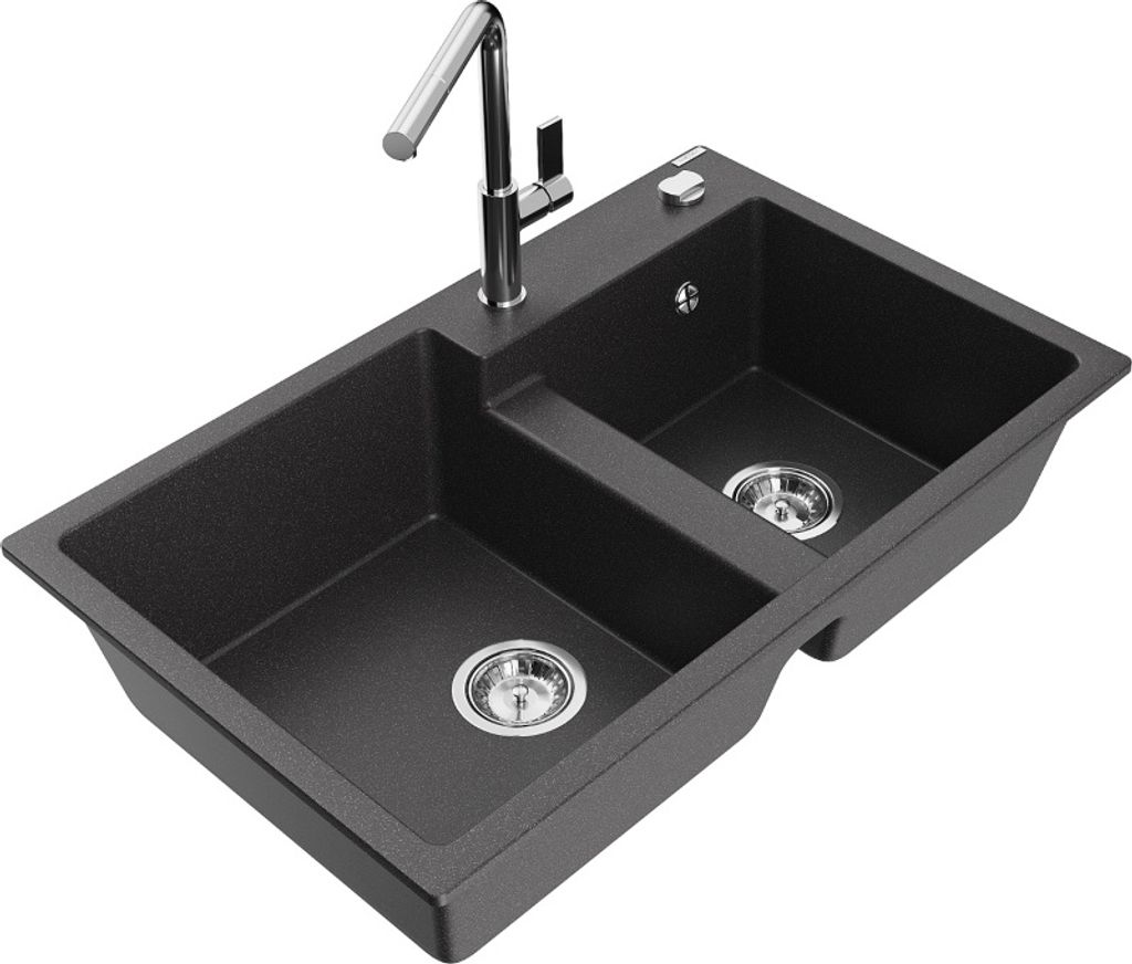 Mexen Tomas 2-Becken-Granitspüle mit Mischbatterie Flora, Schwarz gesprenkelt - 6516-76-670401-00