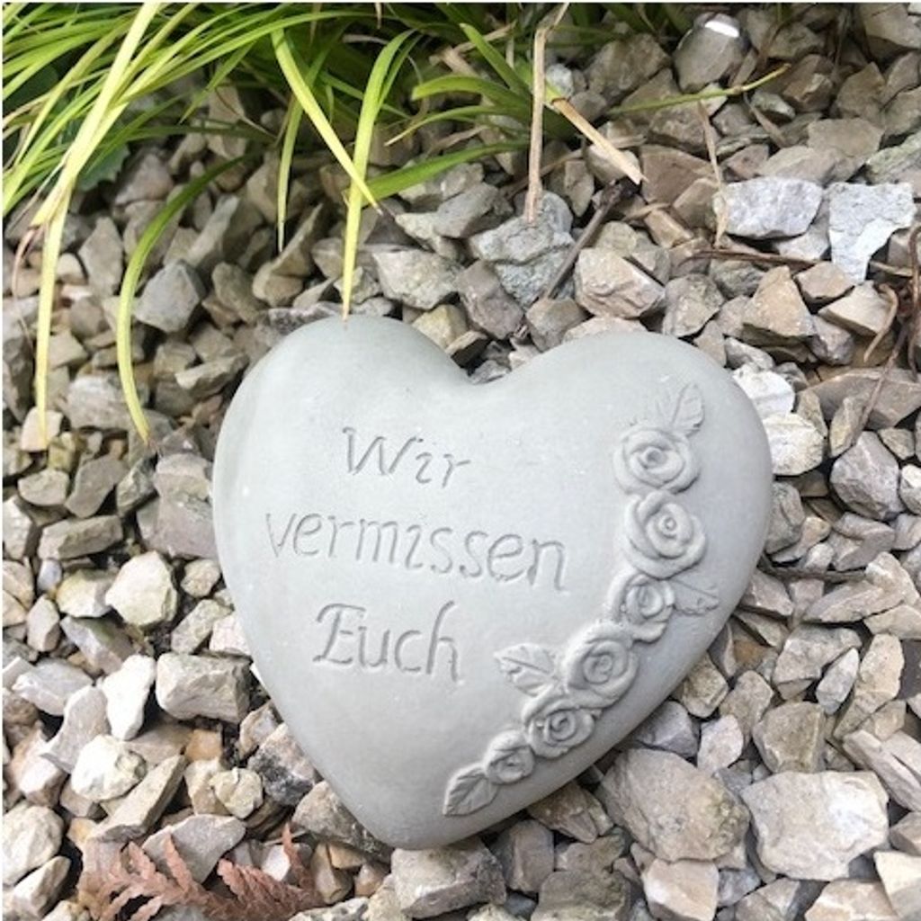 Grabherz Gedenkstein - Wir vermissen Euch - Grabschmuck Grabdeko Trauerherz 10cm natur , Handarbeit