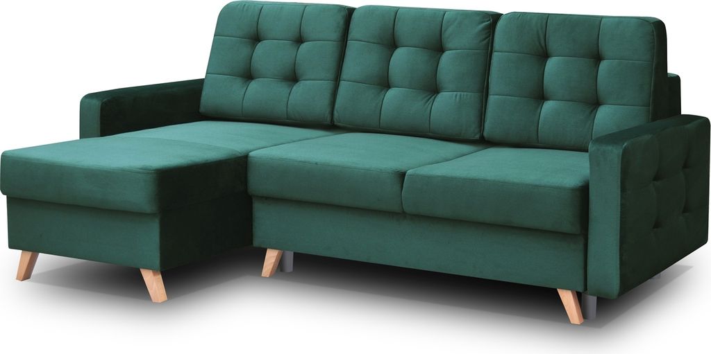 Skandinavisches Ecksofa VINCI mit Schlaffunktion, Velour Polsterecke universelle Schlafsofa (Flasches Grün)