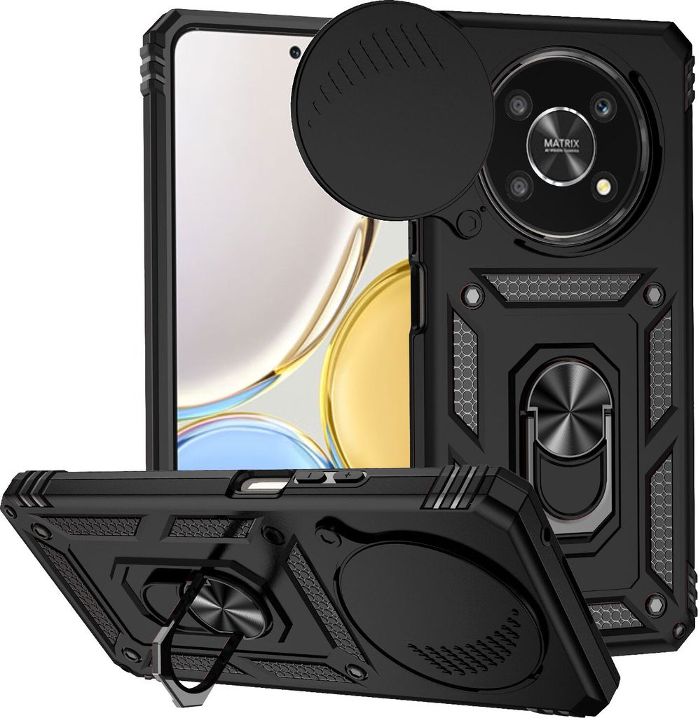 Honor X9 Hülle mit Schiebe Kamera Schutz und Ringhalter Ständer Robust Rüstung Schutzhülle für Honor X9 Schwarz