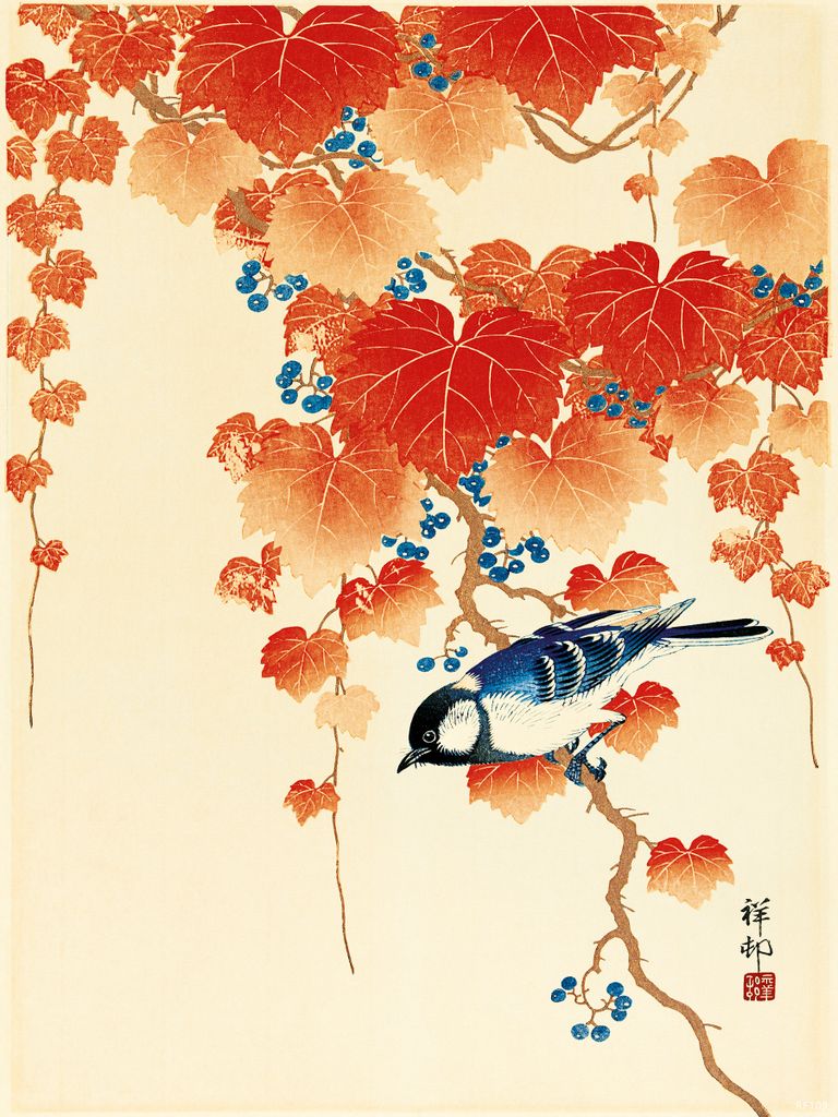Bird and Red Ivy Kunstdruck Ohara Koson 30 x 40 cm