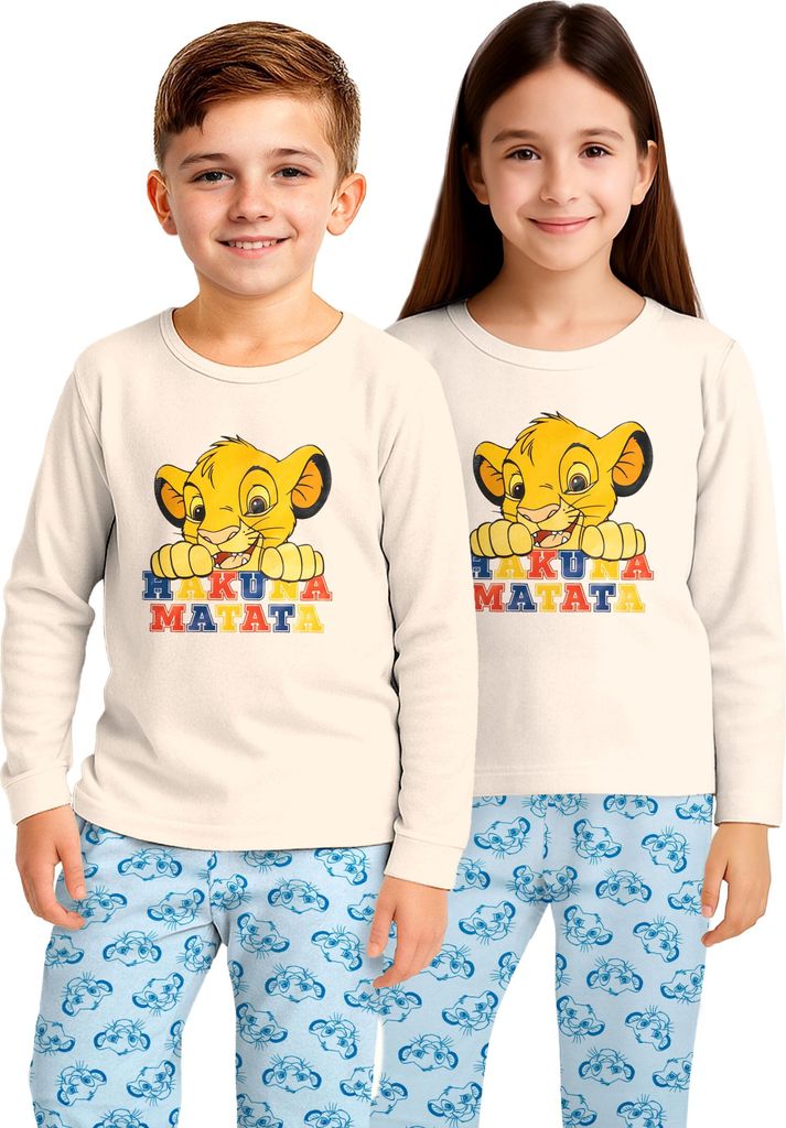 Disney Der König der Löwen Schlafanzug für Jungen und Mädchen - Simba Kinder Pyjama Set Langarm Oberteil mit Hose Beige/Blau 110-116