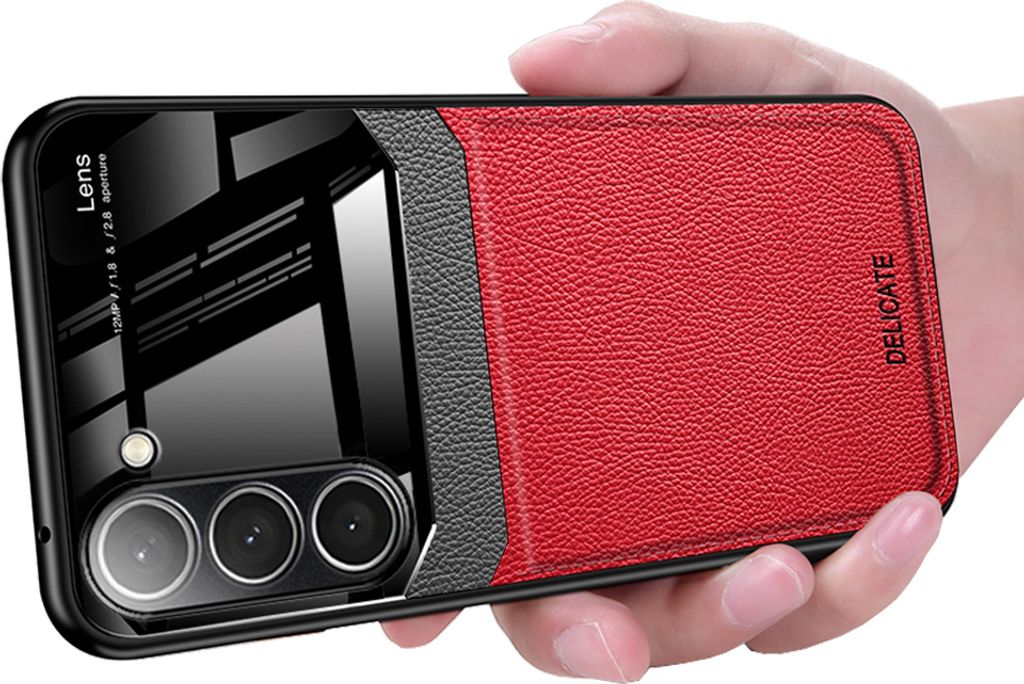 Galaxy S23 Hülle, TPU Stossfest Anti-rutsch Leder Glas Len Hybrid Schutzhülle für Samsung Galaxy S23 Rot