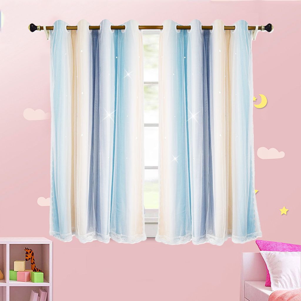 Gardinen Mit Ösen 2er Set Vorhänge Schlafzimmer Kinderzimmer Mädchen Verdunkelung Blickdicht Vorhang mit Hohlen Stern & Voile, 1.3*2.43M, Gelb+Blau
