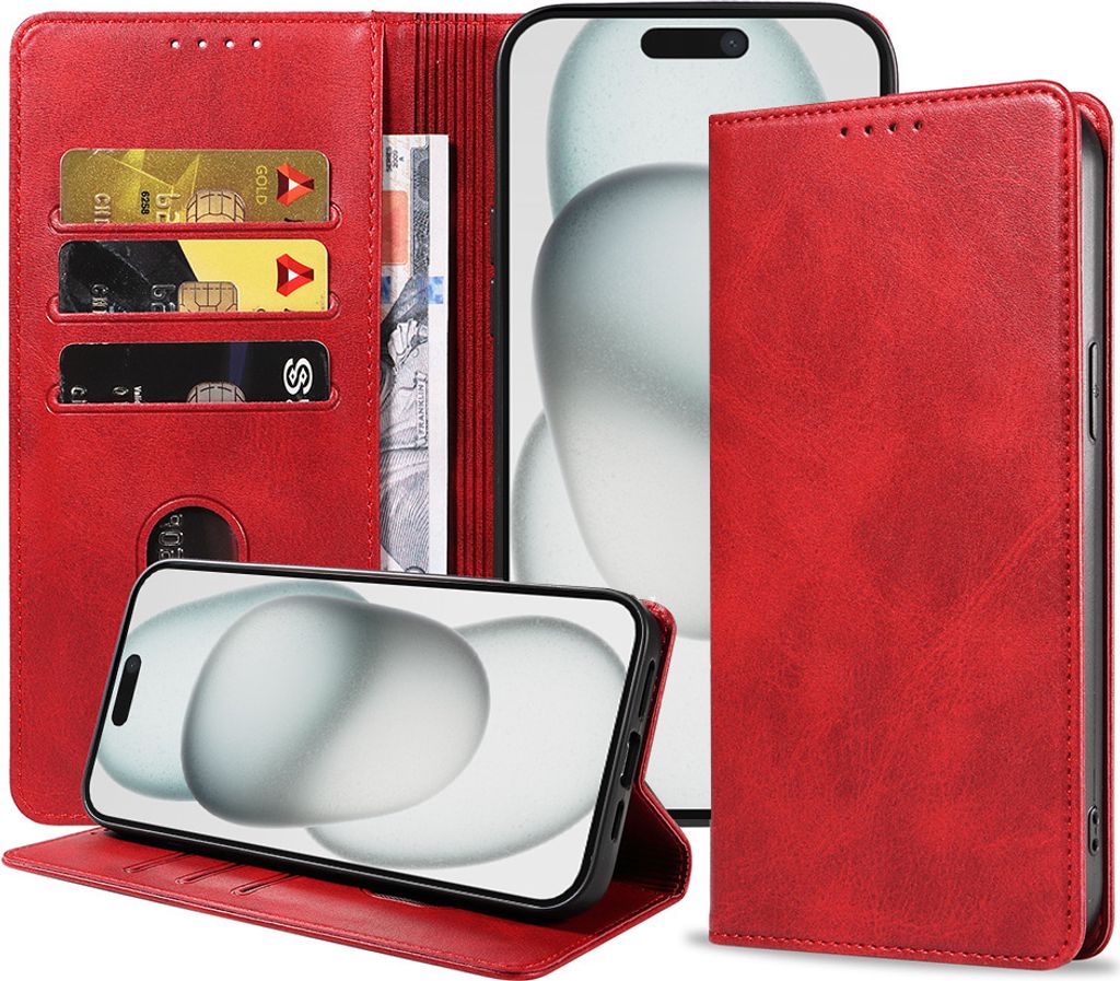 Smartphonica Handytasche geeignet für iPhone 15 Plus Kunstleder mit Magnetverschluss und Kartenhalter Buchhülle mit Klappe - Rot