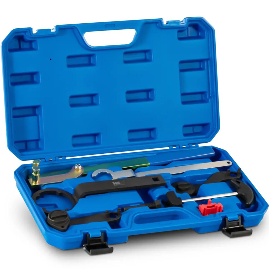 A blue plastic case containing a set of automotive tools, likely for engine timing.