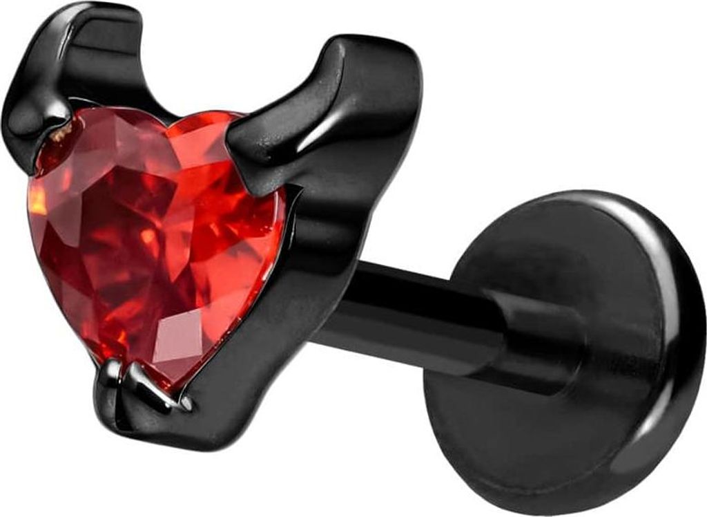 Ohrpiercing, Nasenpiercing Titan Labret mit Push Fit TEUFELSHERZ Schwarz Stablänge: 7mm | Stabstärke: 1mm