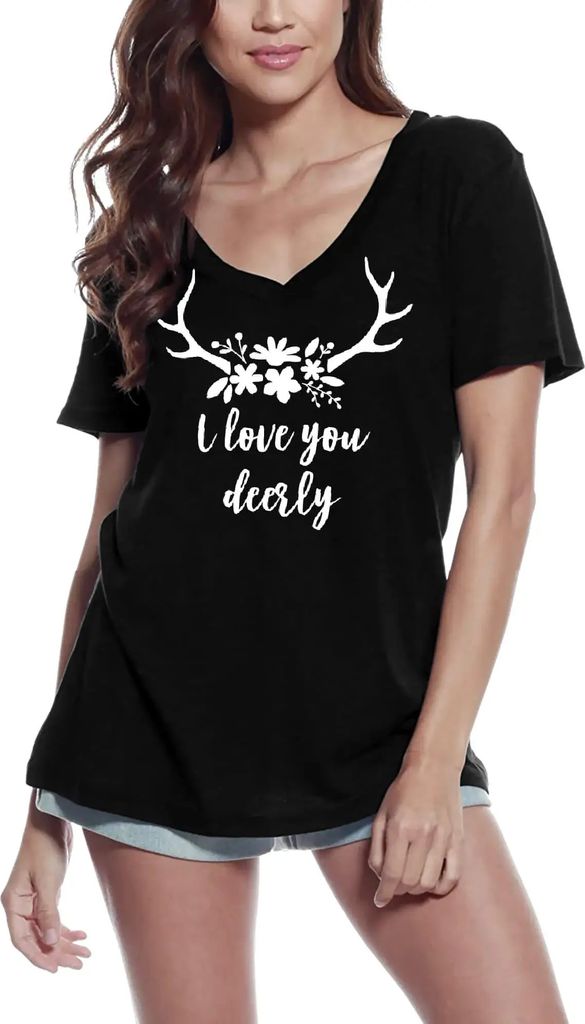 Damen Grafik T-Shirt V-Ausschnitt Ich liebe dich deerly – I Love You Deerly – Öko-Verantwortlich Vintage Jahrgang Kurzarm Lustige Druck Geburt...