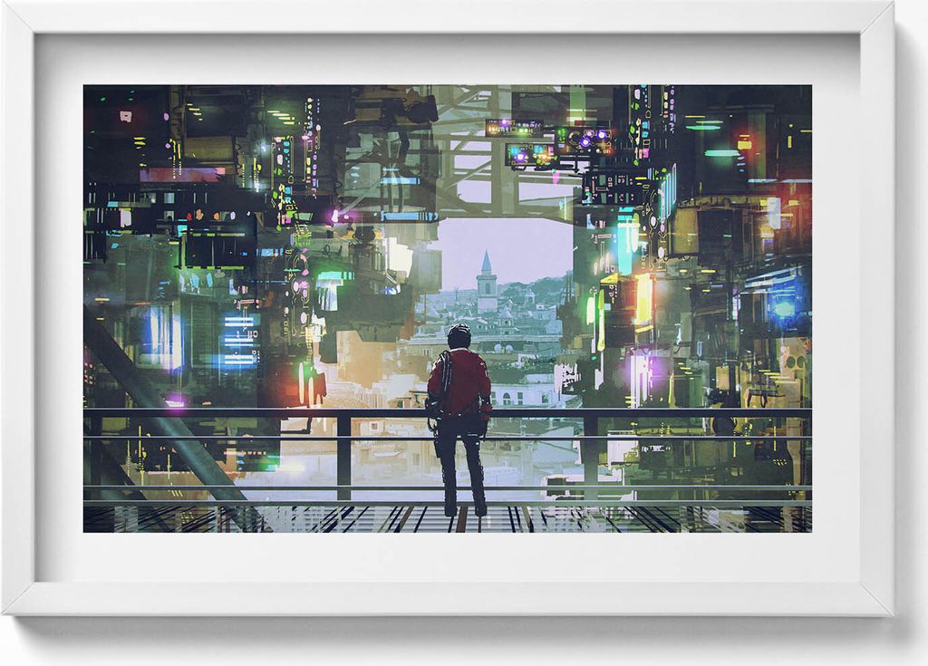 Stadt des Cyber Punk– Wandbild mit Rahmen – Gerahmtes Bild – Wanddekoration – 60x40 cm – Schwarz Rahmen
