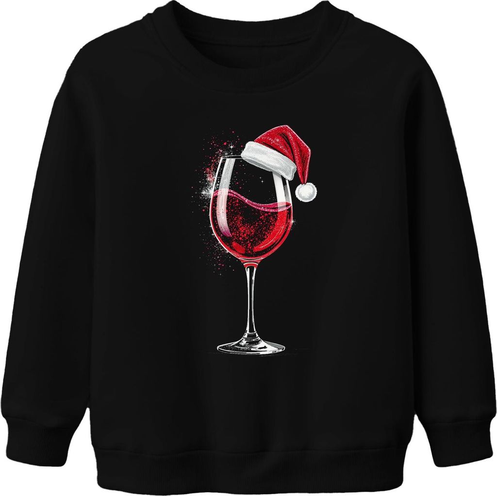 Weinglas Weihnachtsmütze Rotwein Weihnachten Geschenk Weinparty Uni Kinder Sweatshirt Pullover, Schwarz, 116