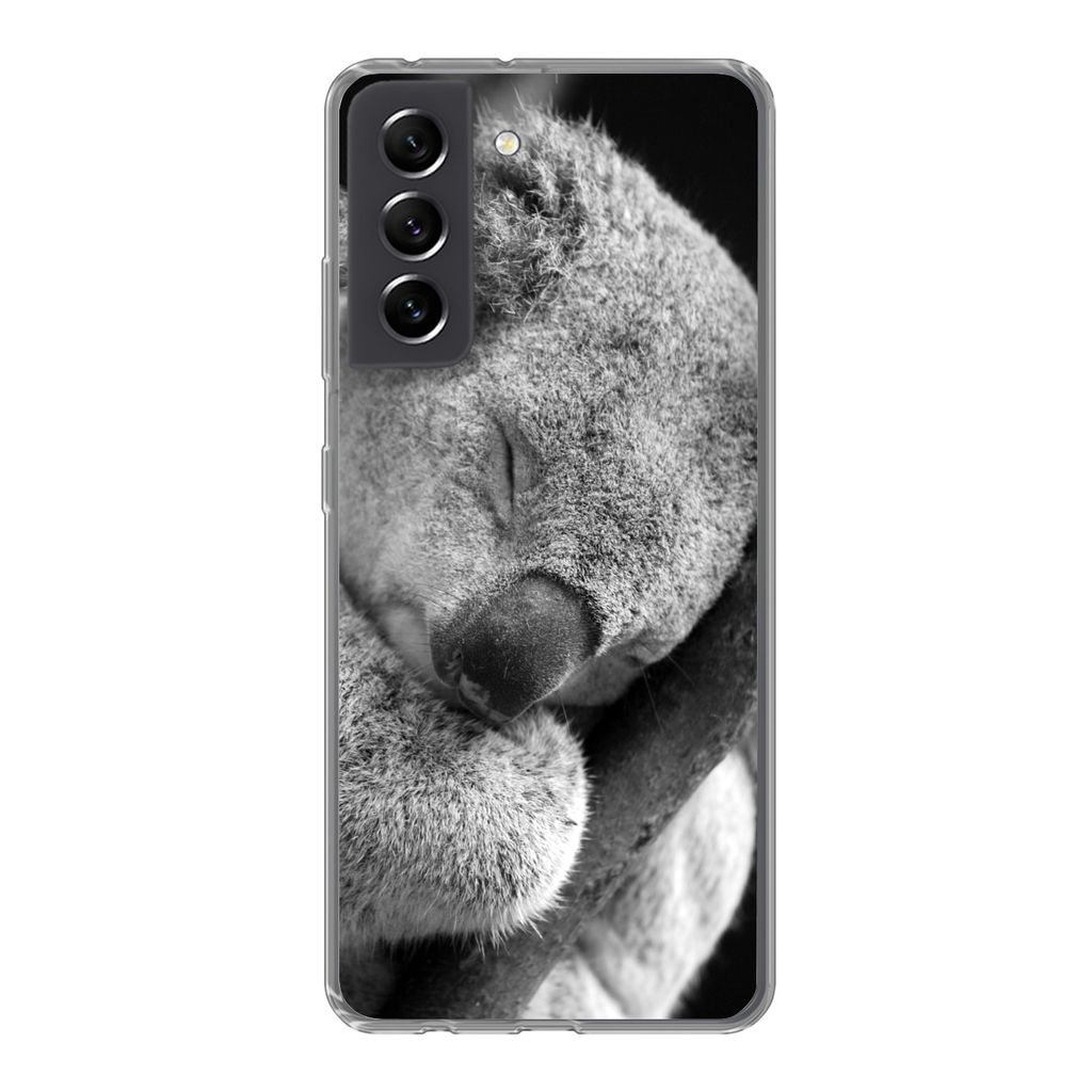 MuchoWow Handyhülle Schutzhülle Hülle für Samsung Galaxy S21 FE Schlafender Koala auf schwarzem Hintergrund Silikon Softcase Handy Hülle - M...