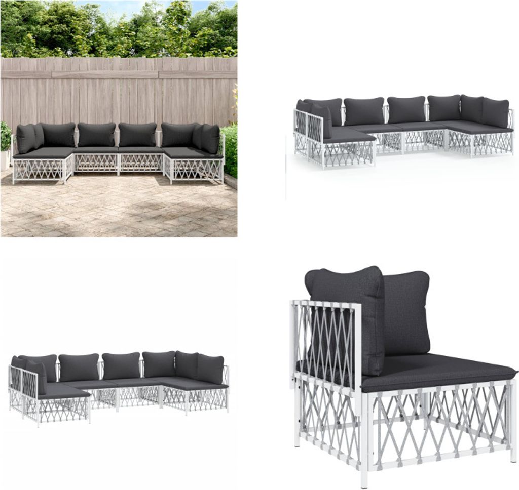 vidaXL 6 tlg. Garten Lounge Set mit Kissen Weiß Stahl - Garten Lounge Set - Garten Lounge Sets - Lounge Set - Gartenmöbel Set