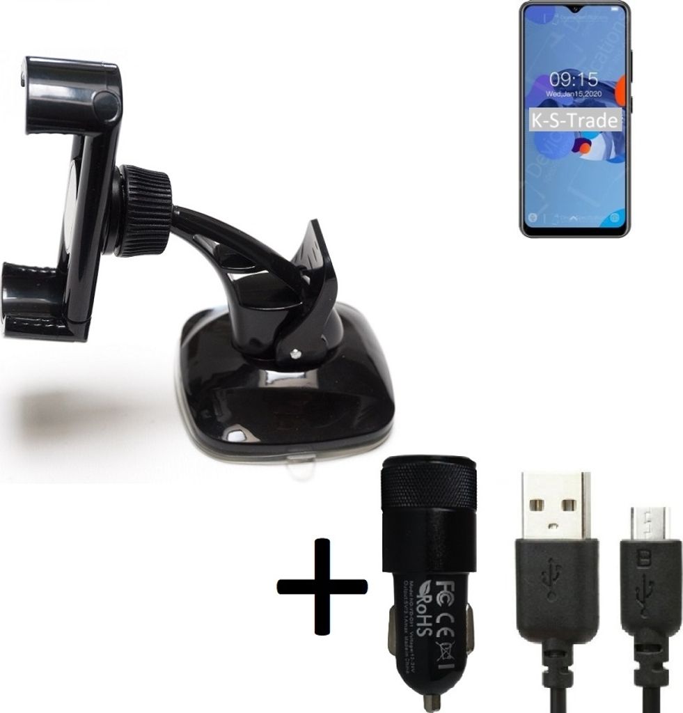 K-S-Trade Halterung kompatibel mit Oukitel C19 Windschutzscheibe / Armaturenbrett + LADEGERÄT mit Mico USB Kabel Autohalterung KFZ Halter