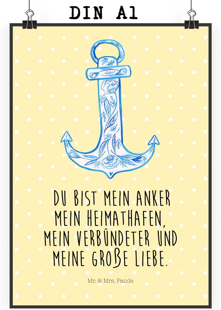 Mr. & Mrs. Panda Bild Anker Blau DIN A1 - Gelb Pastell - Geschenk, kunstposter, Lustige Sprüche, Kunstdruck, drucke, wanddeko, Wandbild