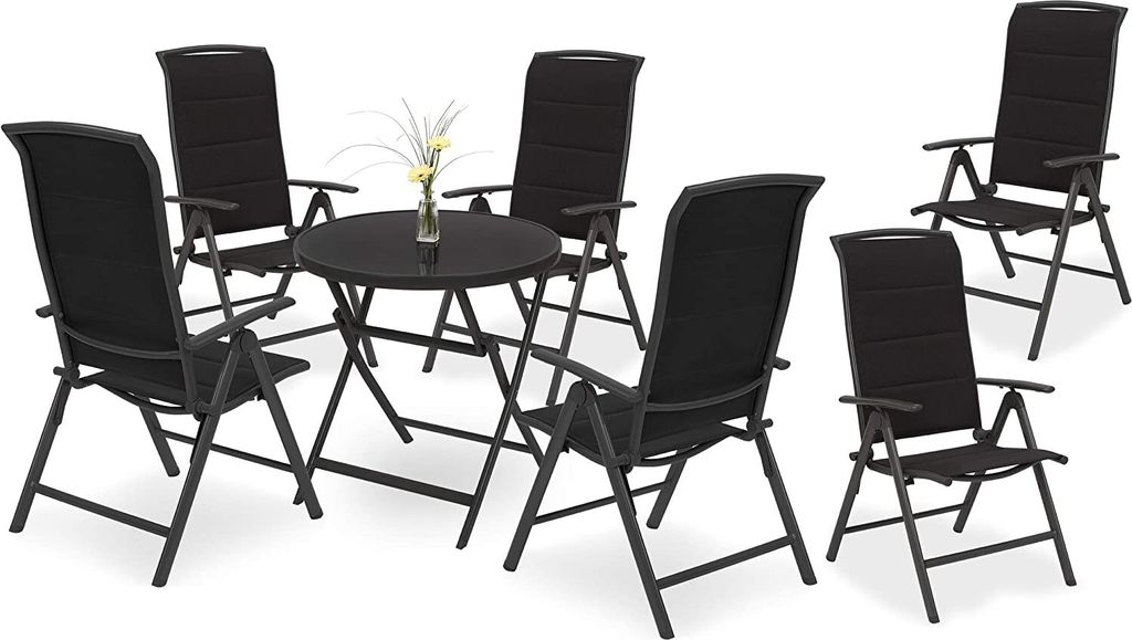 BRUBAKER Garten Sitzgruppe Milano - 1 Glastisch Klapptisch rund 70 cm Ø mit 6 Hochlehner Stühlen - Aluminium - Wetterfest - Anthrazit