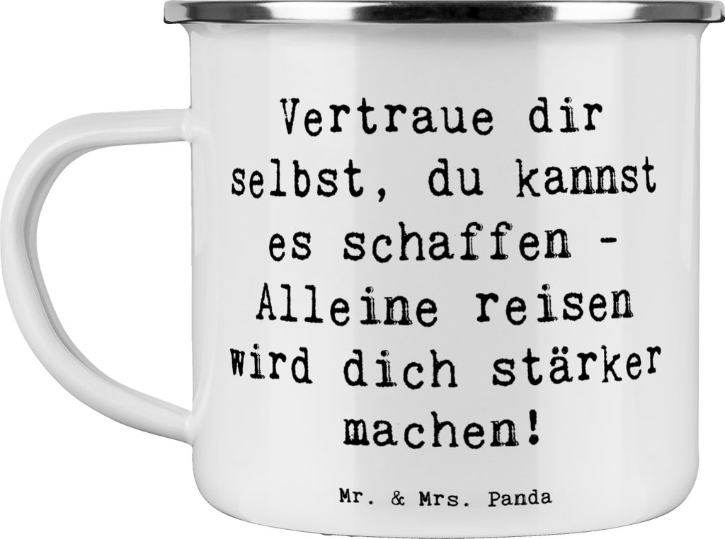Mr. & Mrs. Panda Emaille Tasse Spruch Alleine Reisen unternehmen - Weiß - Geschenk, Haferl, Outdoor, Campingbecher, Lebensfreude, Teetasse, Mutmac...