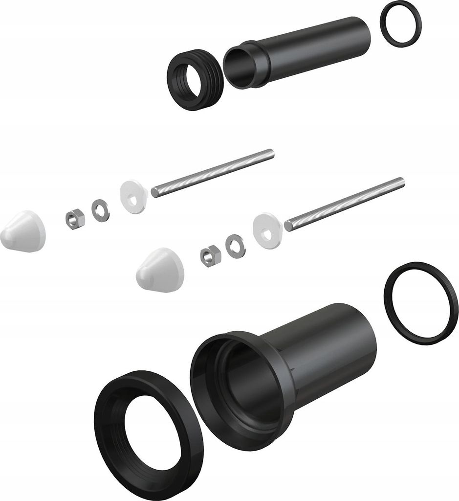 Exploded view of plumbing connection set components.