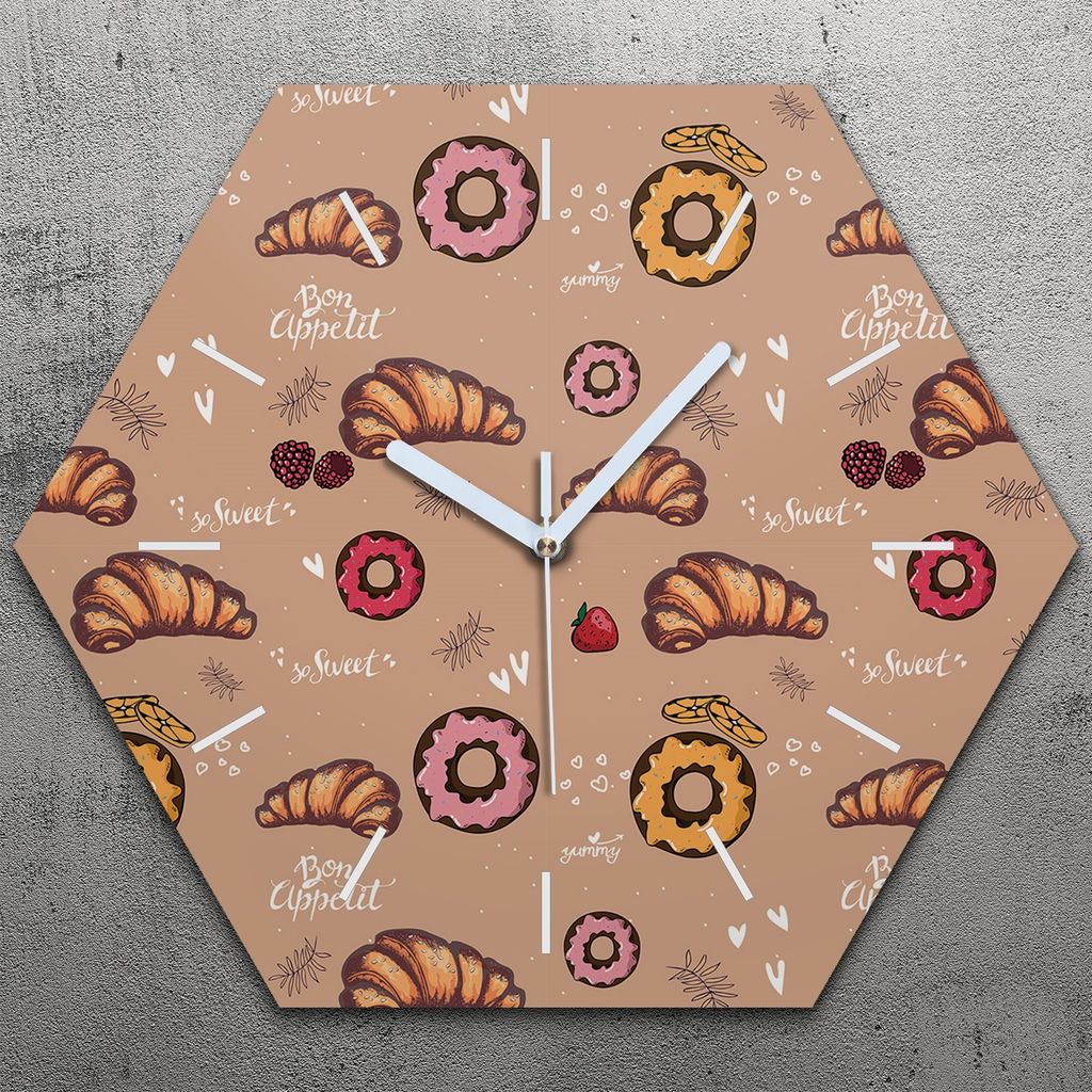 Uhr hexagonal 40 cm Glas Geräuschlos weiße Zeiger - Croissant Donuts Doodles