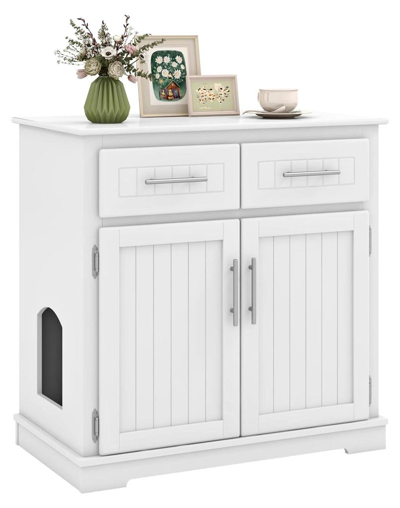 Katzenschrank, Katzenklo Schrank 3 in 1 mit 2 Türen und 2 Schubladen, Anti-Kipp-Vorrichtung & Seiteneingang, Katzenhaus für Innenbereich, 80 x 45...