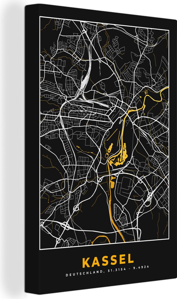 OneMillionCanvasses - Leinwandbilder - 90x140 cm, Kassel - Deutschland - Karte - Stadtplan - Gold - Karte, Wandbilder Kunstdruck Wanddekoration -...