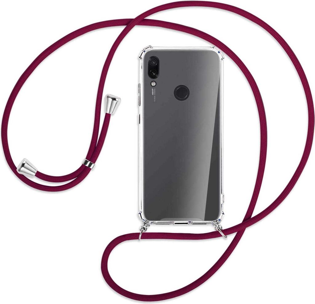Handykette Backcover-Schutzhülle mit Band (Metall silberfarben) für Xiaomi Redmi Note 7 (Pro) - dunkelrot