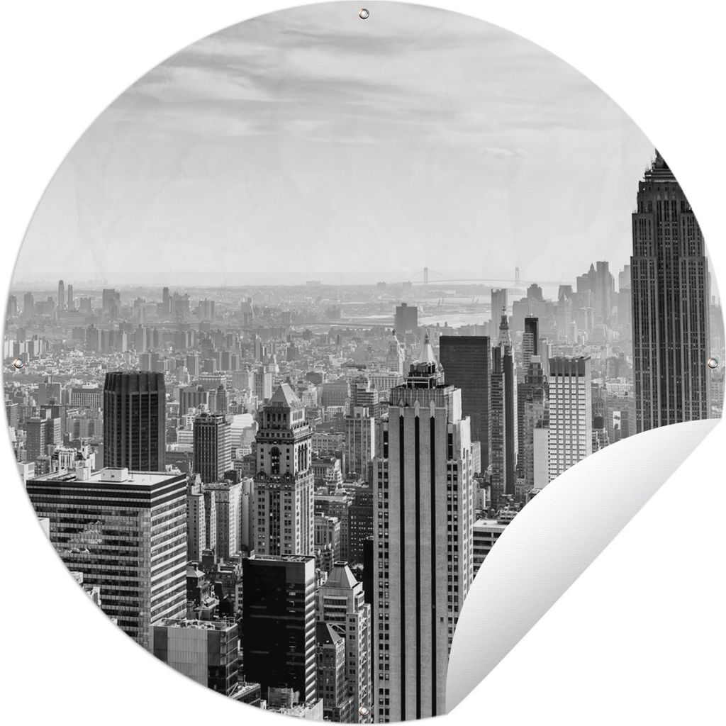 MuchoWow Gartenposter Outdoor-Poster Rund New Yorker Empire State Building - schwarz und weiß Ø 120 cm Gartendeko Rundes Poster draußen