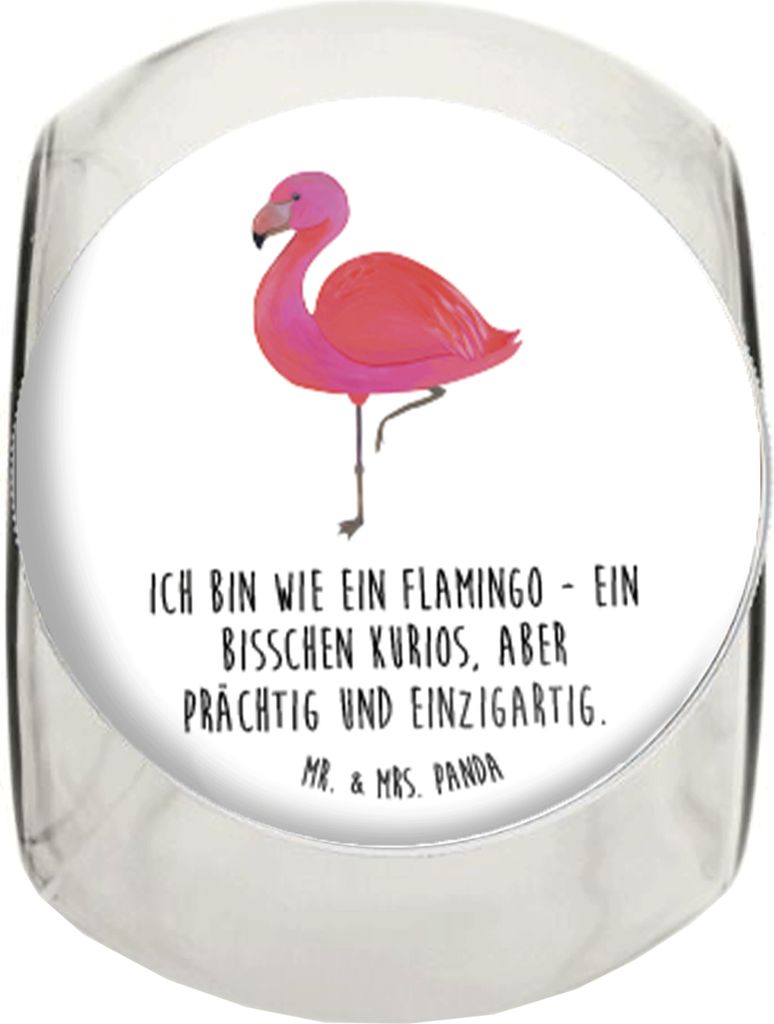 Mr. & Mrs. Panda Bonboniere Flamingo Classic L 870ml - Weiß - Geschenk, Vorratsglas, Spruch, Stolz, Rosa, Müsli Glas, Bonbonglas, Kaffeedose, Tee...