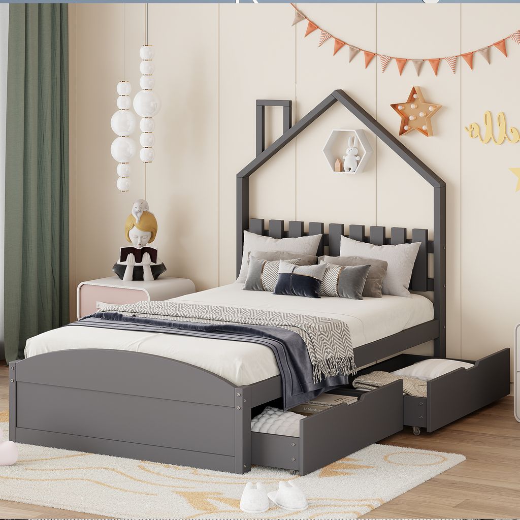 Hausbett mit Lattenrost und Schubladen, 90x200 cm, Kinderbett, Jugengbett, Holzbett, Kiefer